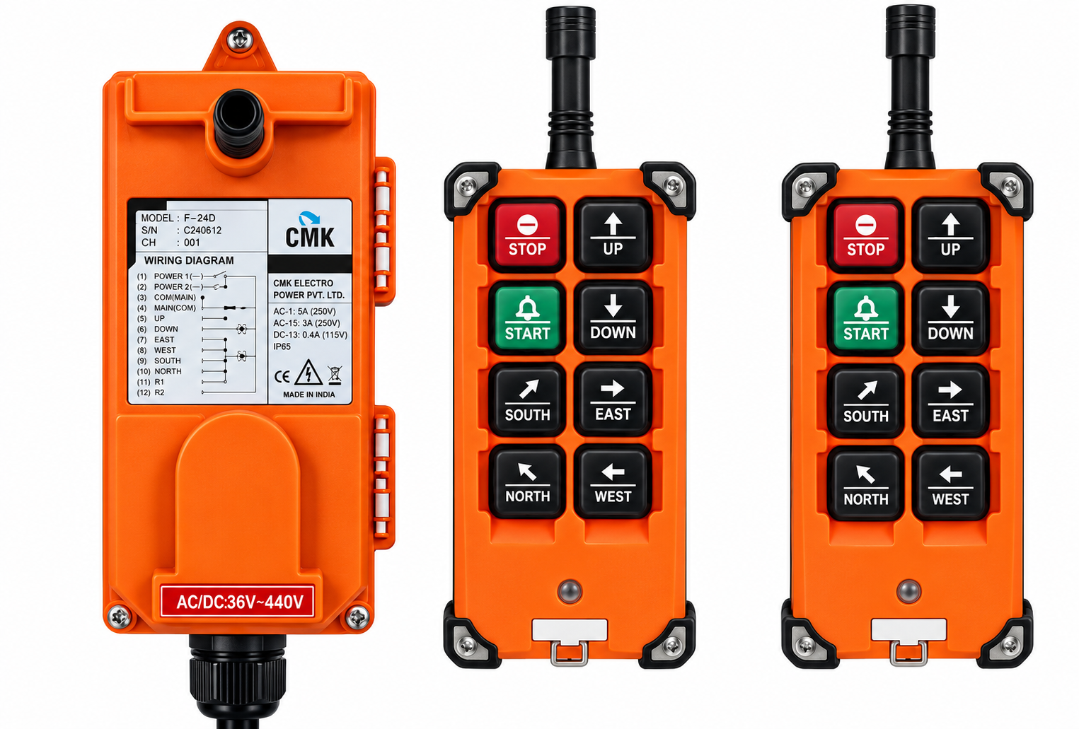 Wireless Radio Remote, 6 Single speed, IP-65, 100 Mtr, AC/DC (2 Transmitters+1 Receiver)